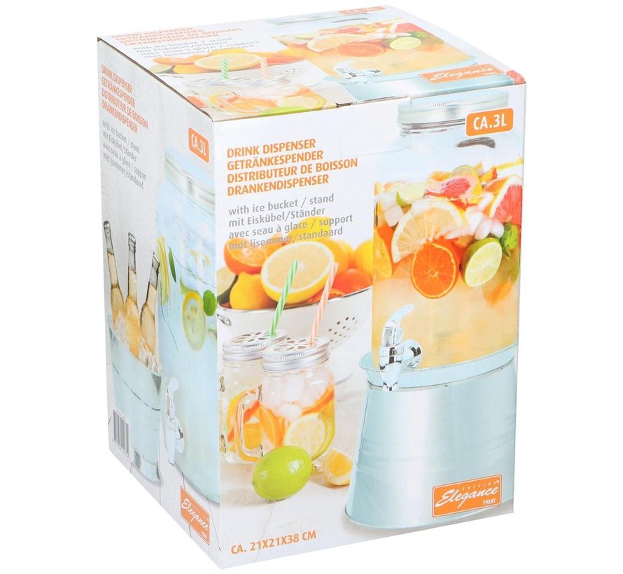 Drankendispenser - 3 L - 21x21x38cm - Inclusief ijsemmer