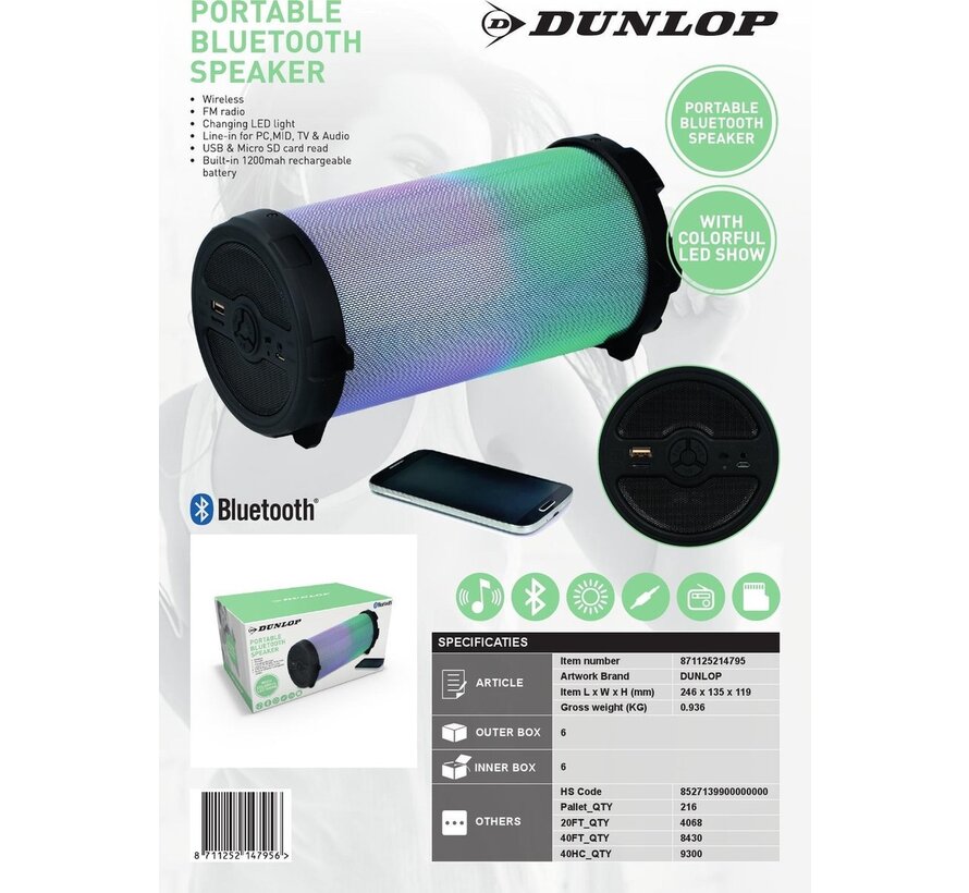 Dunlop Bluetooth Speaker - Draadloos - LED-Lichtshow - met Draagriem - 8 Watt - USB en Micro SD