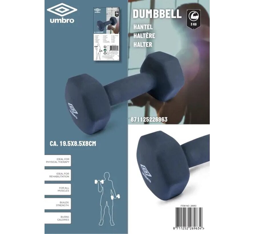 Umbro Halter 3 KG - Dumbell - Blauw - Rubber/Vinyl - Krachttraining en Cardio - Stoot- en Krasvrij Materiaal - Perfect voor Beginnende Sporters en Senioren