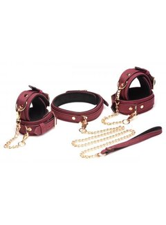 Master Series 6-delige BDSM Suede Boeienset Met Collar En Riem - Bordeaux