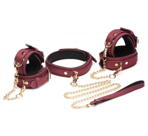 Master Series 6-delige BDSM Suede Boeienset Met Collar En Riem - Bordeaux