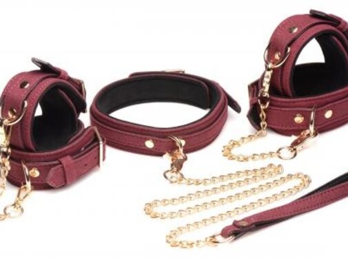 Master Series 6-delige BDSM Suede Boeienset Met Collar En Riem - Bordeaux