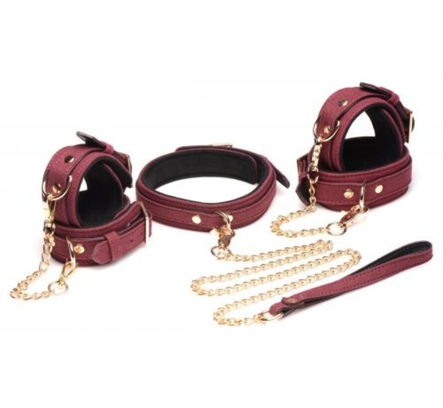6-delige BDSM Suede Boeienset Met Collar En Riem - Bordeaux