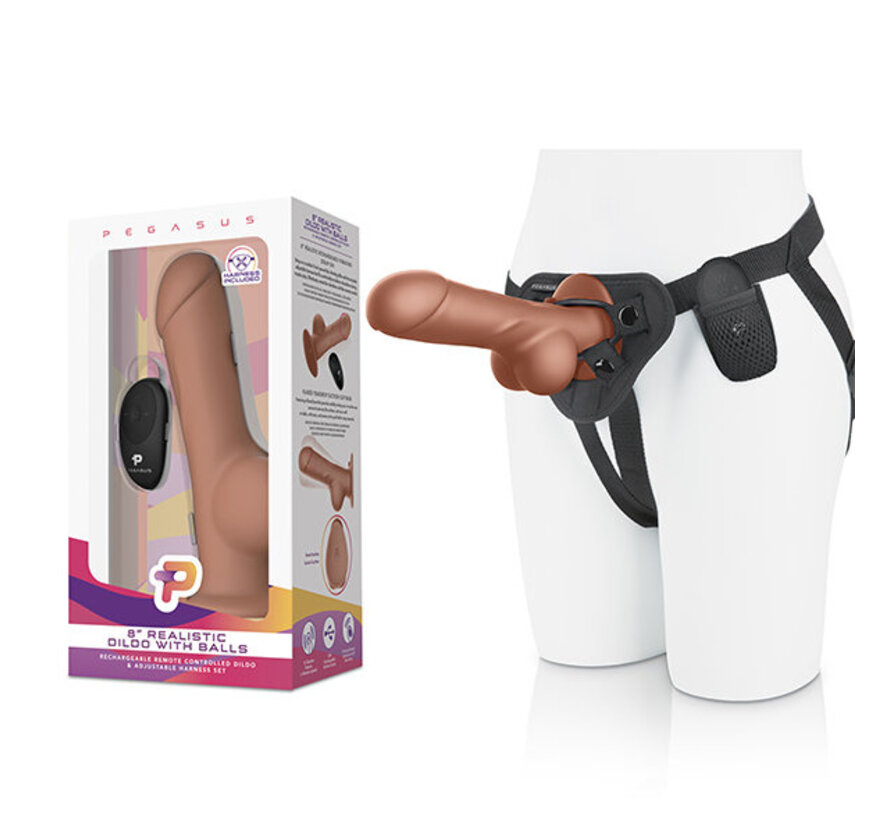 Pegasus - 8” Remote Control Realistic Silicone Dildo with Balls and Harness