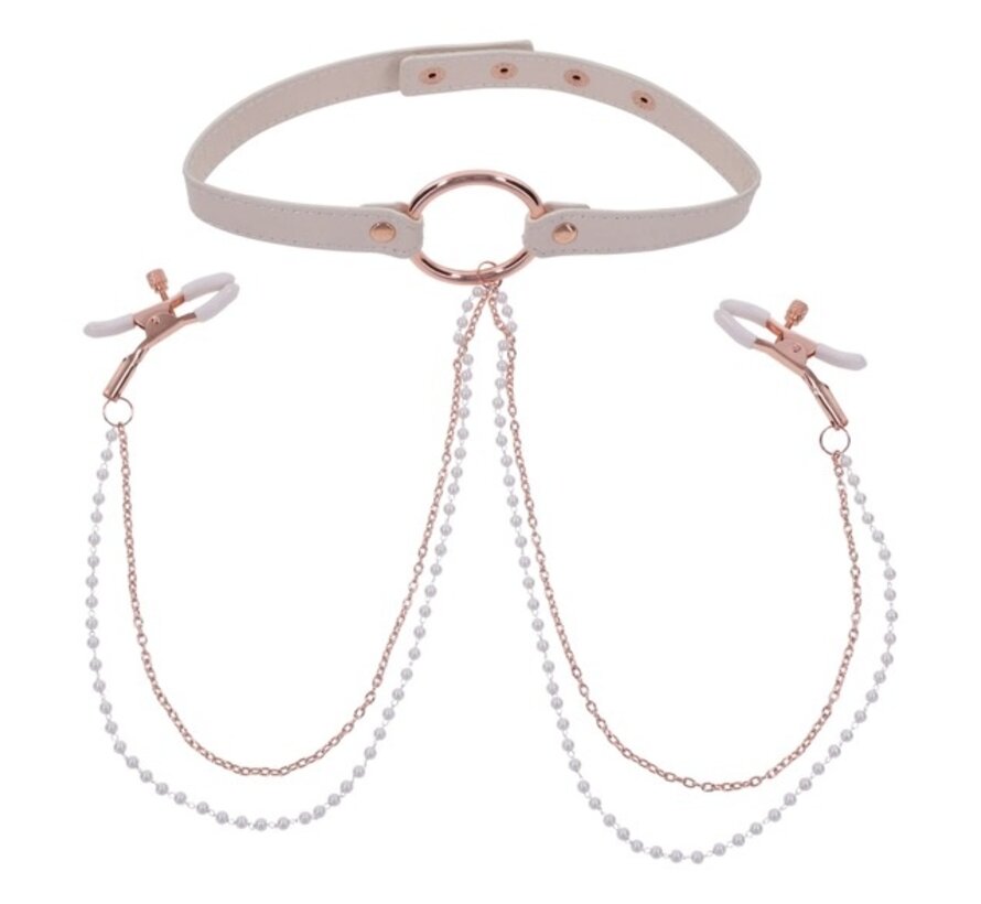 Sportsheets - S&M Peaches ‘n CreaMe Collar with Nipple Clamps Cream