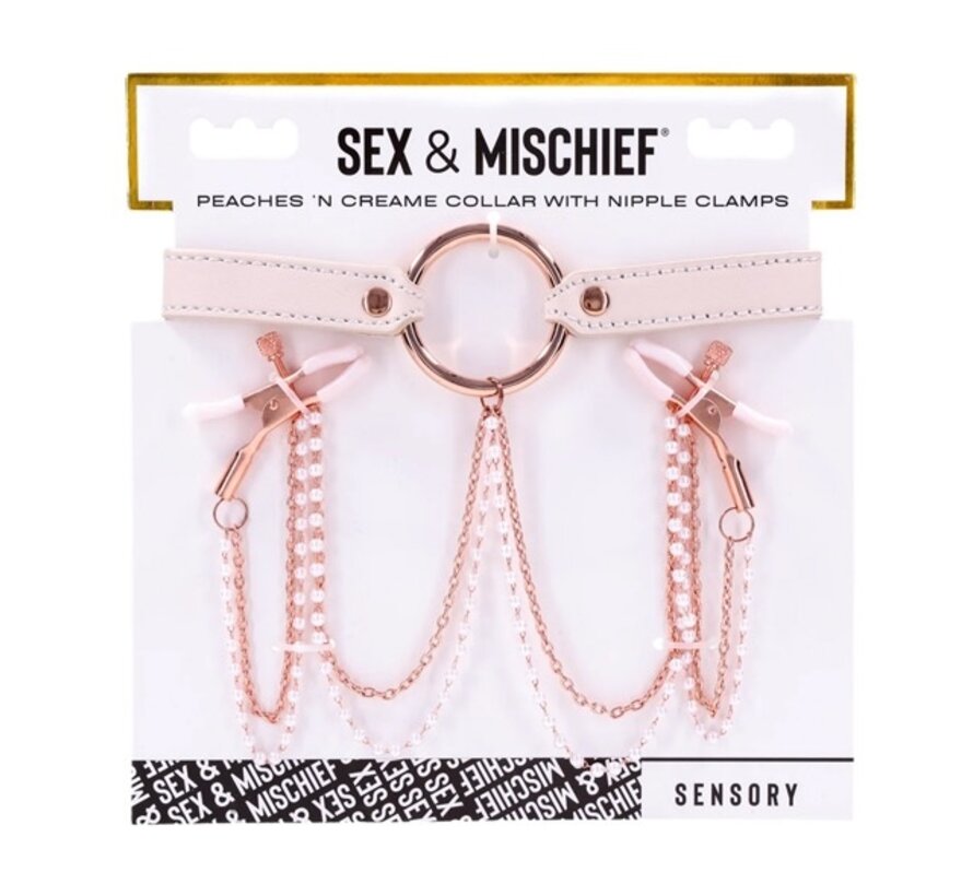 Sportsheets - S&M Peaches ‘n CreaMe Collar with Nipple Clamps Cream
