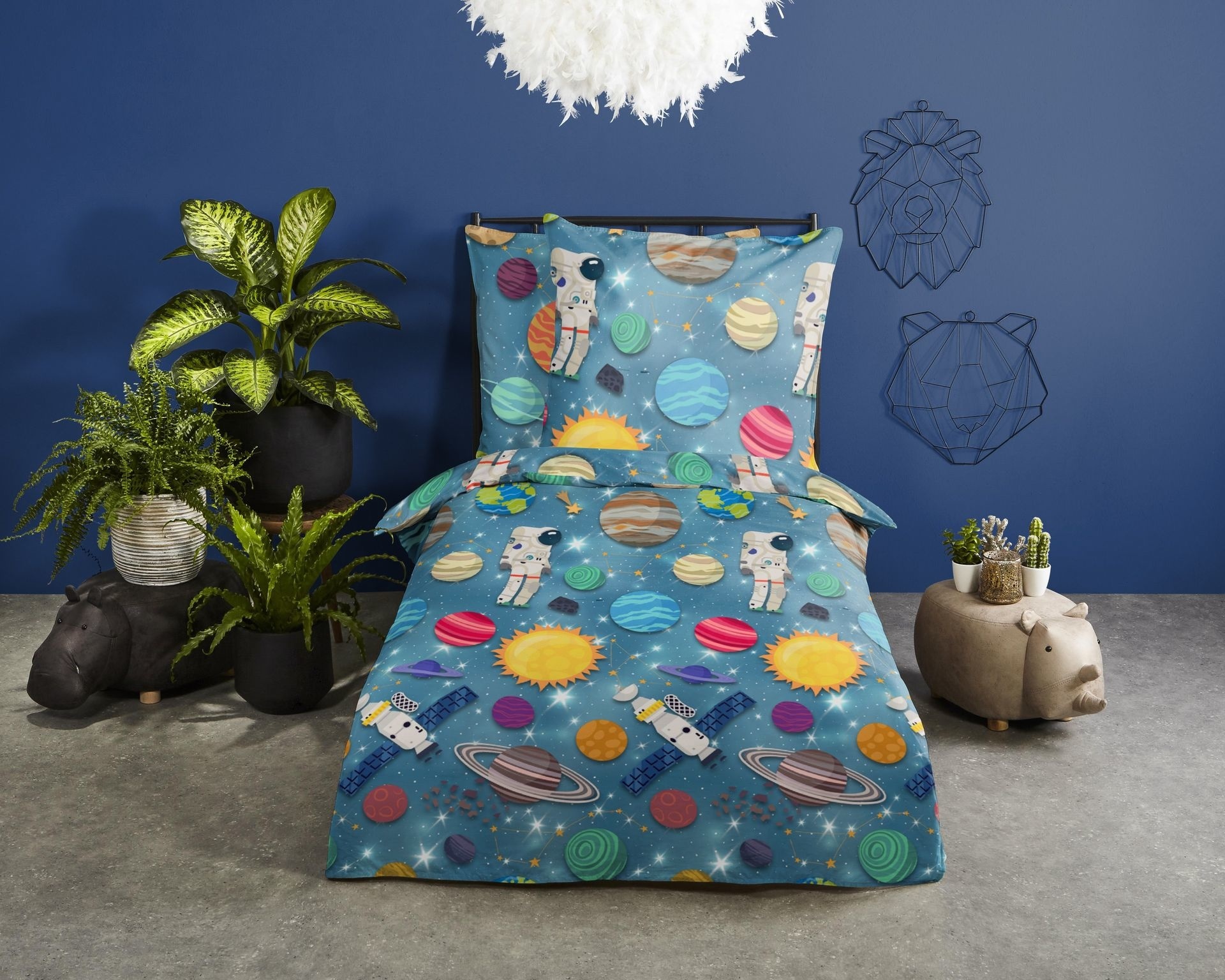 Good morning dekbedovertrek Spaceworld - blauw - flanel - 140x220 + 60x70 cm