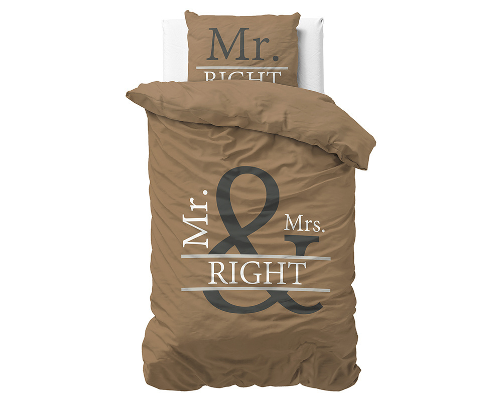 Dekbedovertrek Mr and Mrs Right taupe 140x220 cm