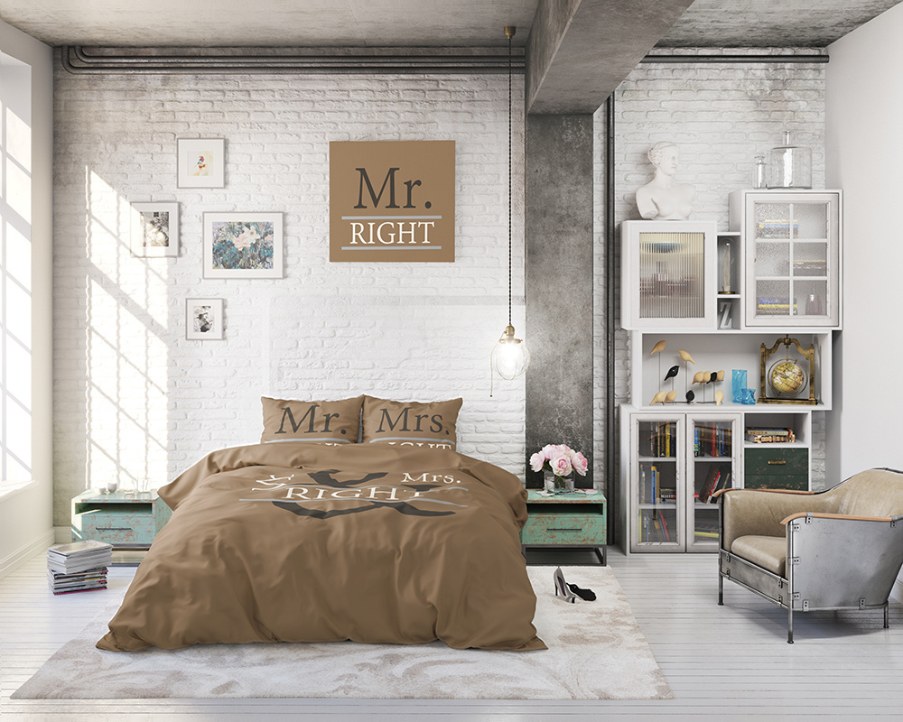Dekbedovertrek Mr and Mrs Right taupe 140x220 cm