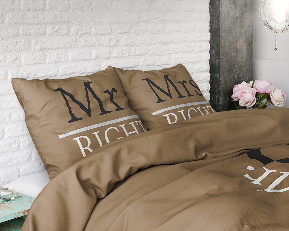 Dekbedovertrek Mr and Mrs Right taupe 140x220 cm
