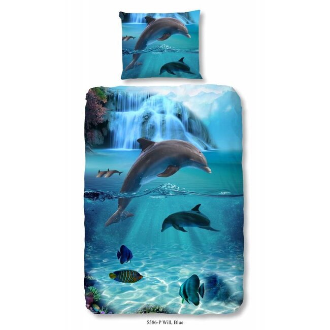 Kinderdekbedovertrek – Dolfijnen, Tropische Vissen & Waterval – 140x220 cm – 100% Katoen – Inclusief Kussensloop 60x70 cm – Dubbele Instopstrook