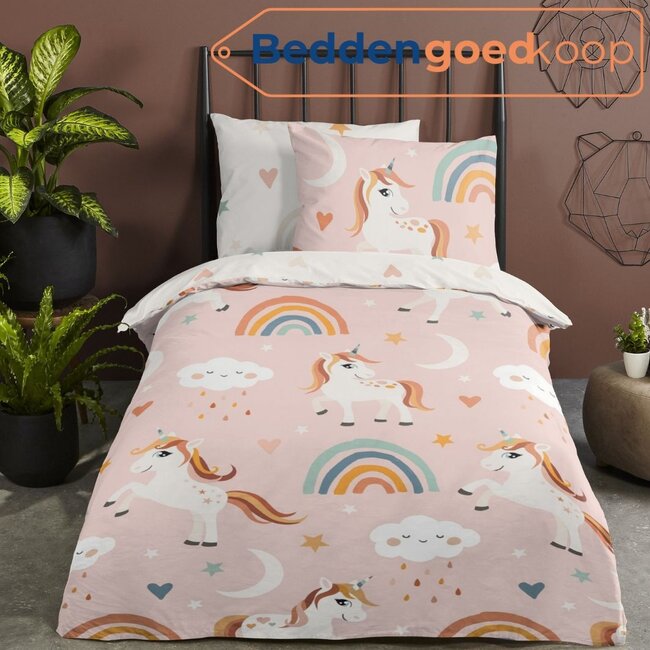Kinderdekbedovertrek 140x220 – Pure Unicorn Aina – Eenhoorn & Regenboog – Roze – 100% Microvezel – Met Instopstrook