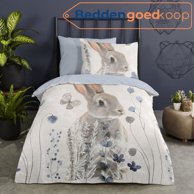 Good Morning Kinderdekbedovertrek met Grijs Konijntje – 140x220 cm – 100% Katoen – Inclusief Kussensloop 60x70 cm – Dubbele Instopstrook