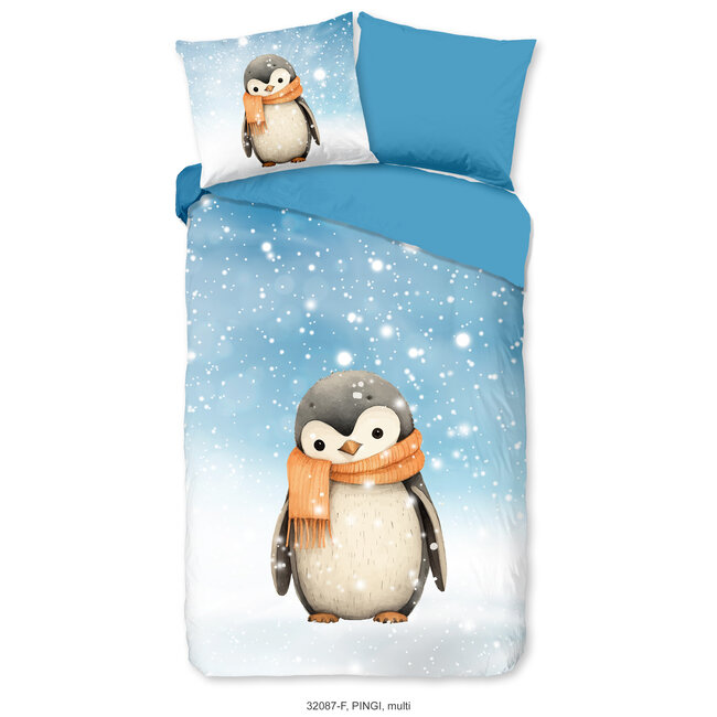 Kinderdekbedovertrek 140x220 – Good Morning Pingi – Pinguïn met Sjaal – Flanel – 100% Katoen – Met Instopstrook