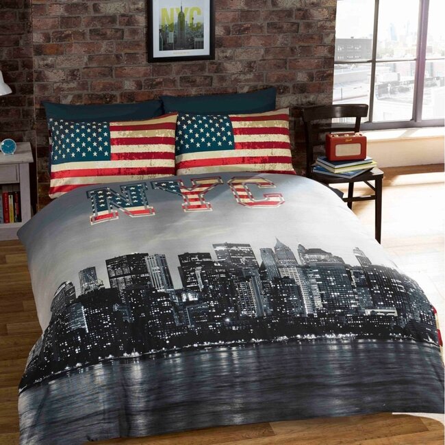 Dekbedovertrek Urban Unique New York – 200x200 cm – Blended Katoen – Dubbelzijdig – NYC & Amerikaanse Vlag – Zwart/Wit