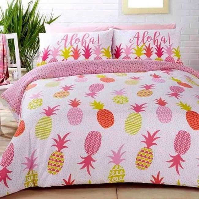Dekbedovertrek Studio Art Ananas – 230x220 cm – Blended Katoen – Aloha – Dubbelzijdig – Wit – Lits-jumeaux