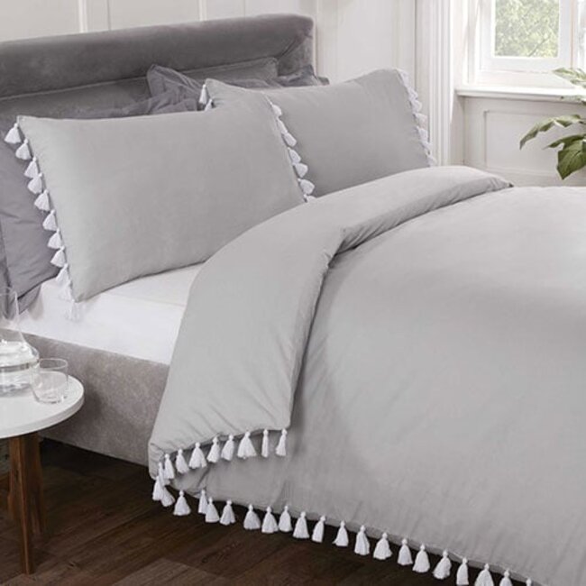 Dekbedovertrek 230x220 – Tassel Grijs – Blended Katoen – Met Kwastjes – Zonder Instopstrook