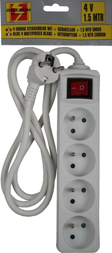 Stekkerdoos 4-voudig wit | randaarde BE | 1,5m snoer