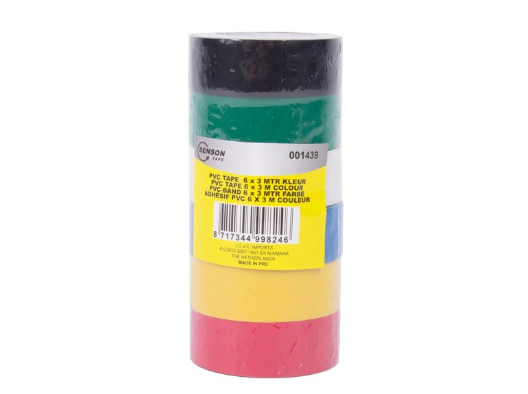 Isolatietape PVC 3 mtr x 18mm - 6 rollen kleur assorti Isolatietape PVC 3 mtr x 18mm - 6 rollen kleur assorti
