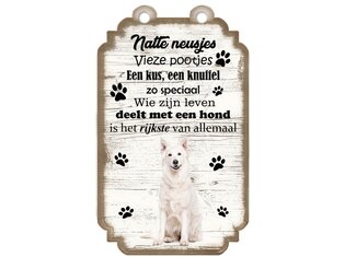 Tekstbord hout hond 20x12cm | Zwitserse Witte Herder