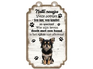 Tekstbord hout hond 20x12cm | Chihuahua Langharig Zwart-Bruin