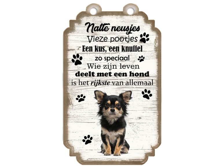 Creatief Art Tekstbord hout hond 20x12cm | Chihuahua Langharig Zwart-Bruin