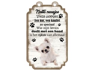 Tekstbord hout hond 20x12cm | Chihuahua Langharig Wit