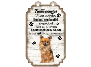 Tekstbord hout hond 20x12cm | Chihuahua Langharig Blond
