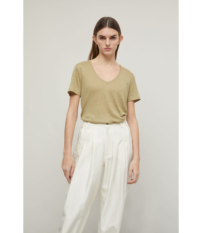 Closed Linnen V-neck Tee Green bark