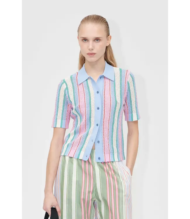 Stine Goya Short Sleeve Crochet Polo Pastel Stripes
