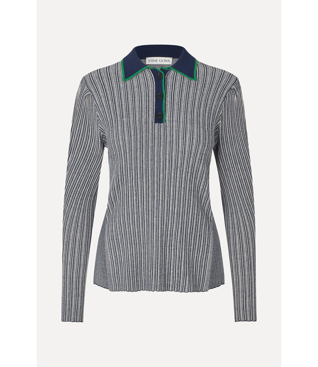 Stine Goya Long Sleeve Knit Polo Soft Striped Rib