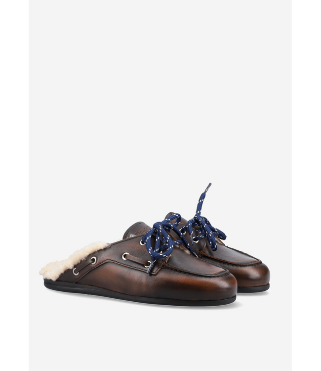 Posa Boat Loafer Mule Fur Dark Coffee