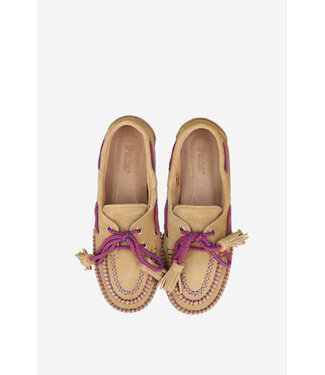Posa Boat Loafer Fringe coloured stitch Suede Tan