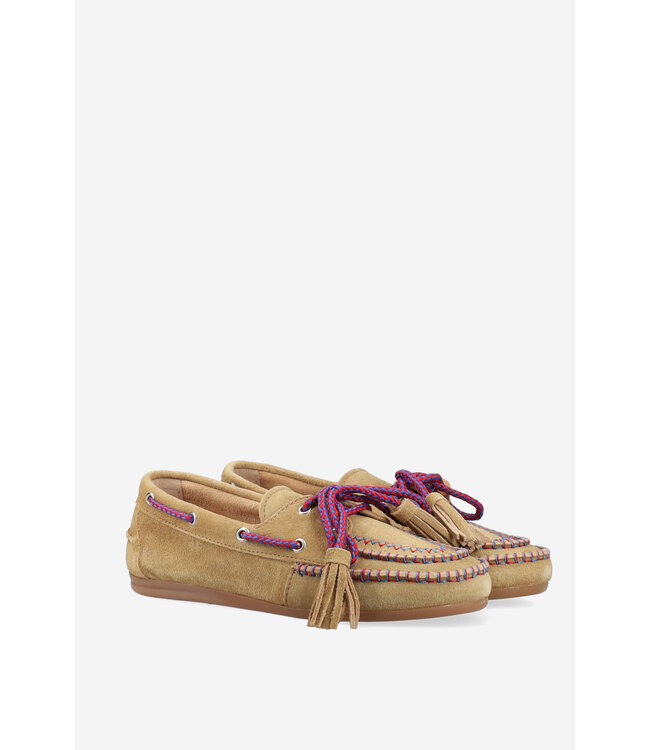 Posa Boat Loafer Fringe coloured stitch Suede Tan