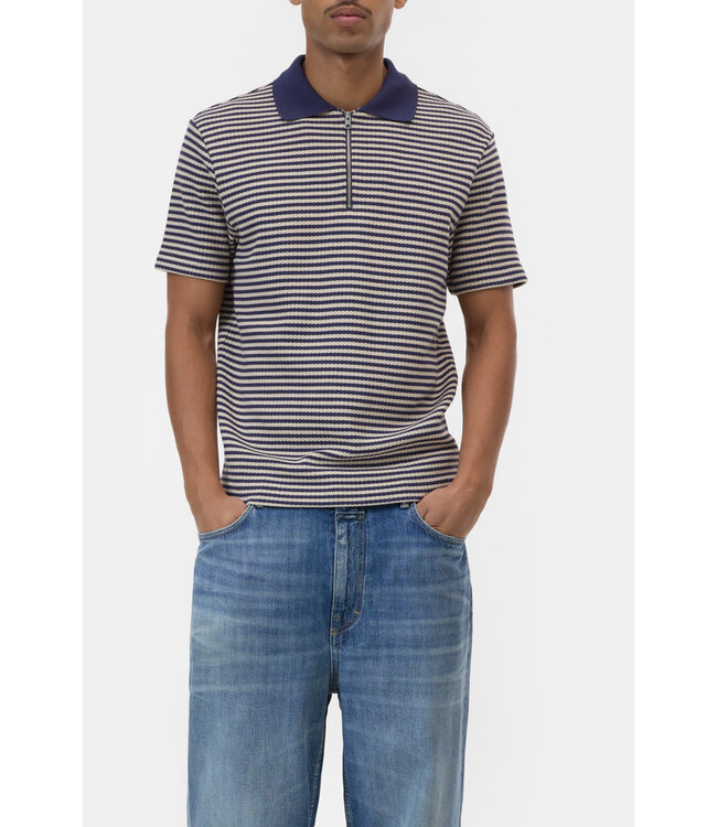 Closed Zipped polo waffle structure stripe navy