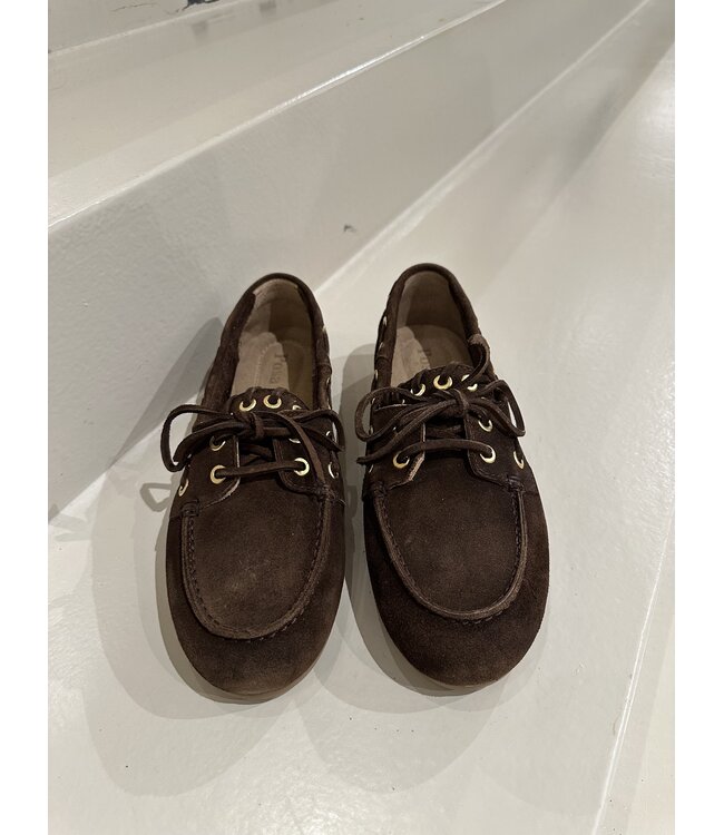 Posa Boat Loafer Suede Saddle Stitch Dark brown