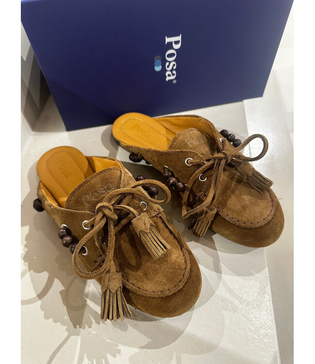 Posa Boat Loafer Mule Suede beads tabacco