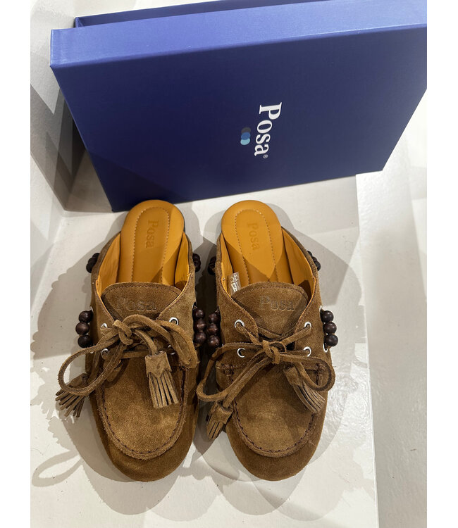Posa Boat Loafer Mule Suede beads tabacco