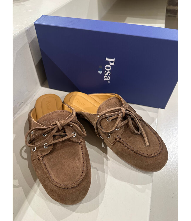Posa boat loafer mule brushed suede light chocolate