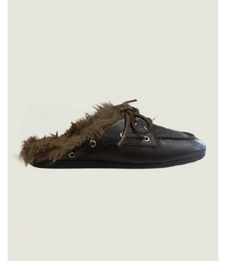 Posa Boat Loafer Mule Hairy Fur Coffee