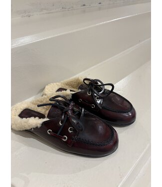 Posa Boat Loafer Mule Fur Box Leather Burgundy