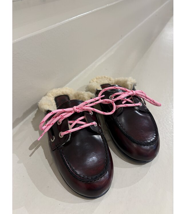 Posa Boat Loafer Mule Fur Box Leather Burgundy