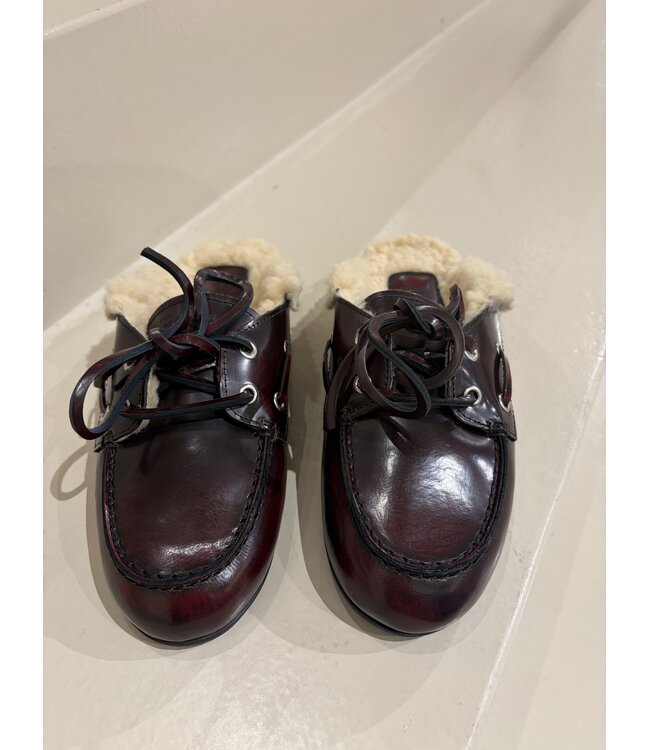 Posa Boat Loafer Mule Fur Box Leather Burgundy