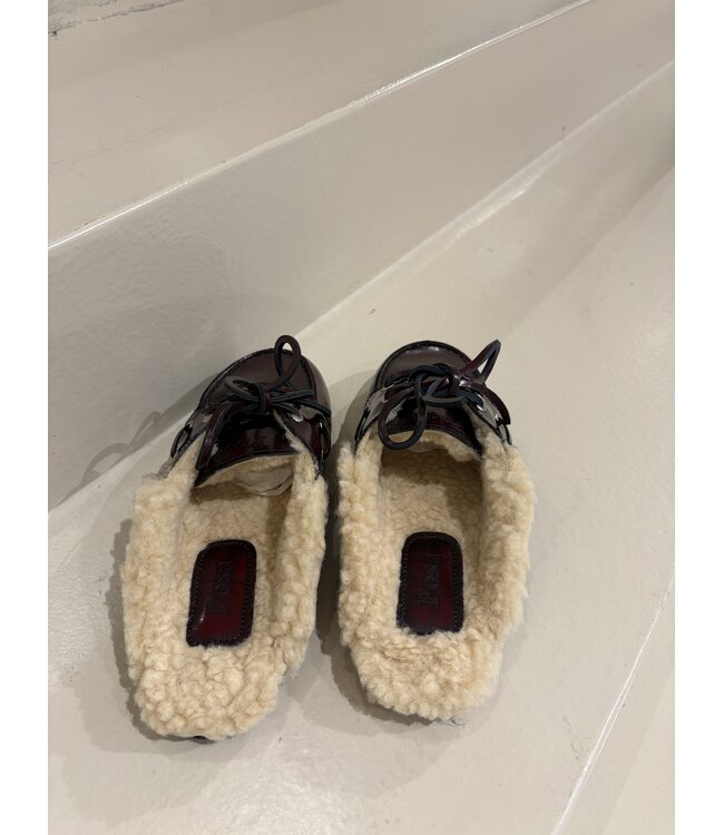 Posa Boat Loafer Mule Fur Box Leather Burgundy