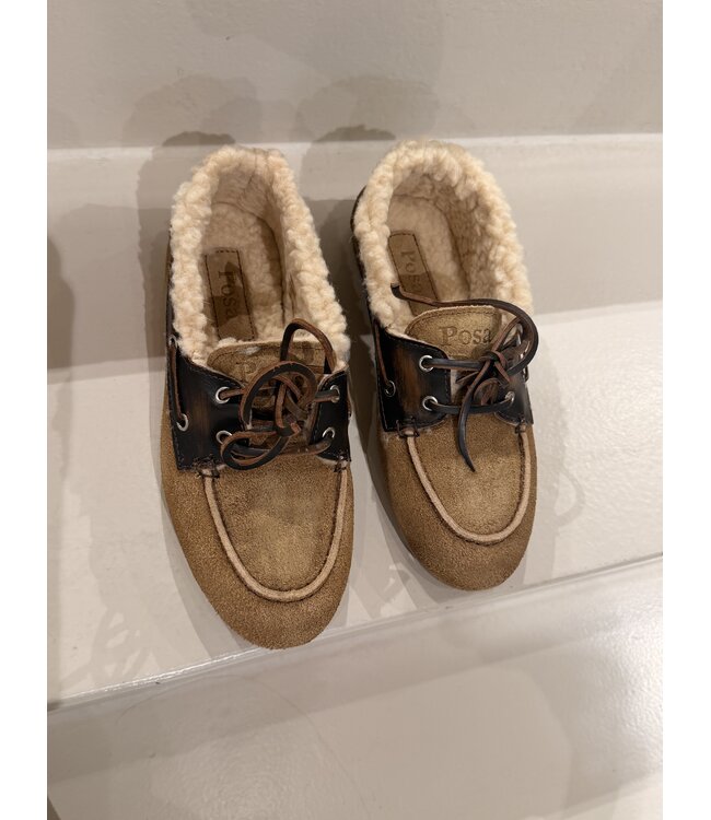 Posa Boat Loafer Brushed Fur Suede Leather Coffee Caramelo