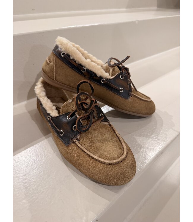 Posa Boat Loafer Brushed Fur Suede Leather Coffee Caramelo