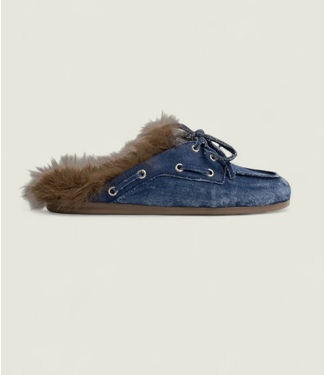 Posa Boat Loafer Mule Hairy Fur Denim