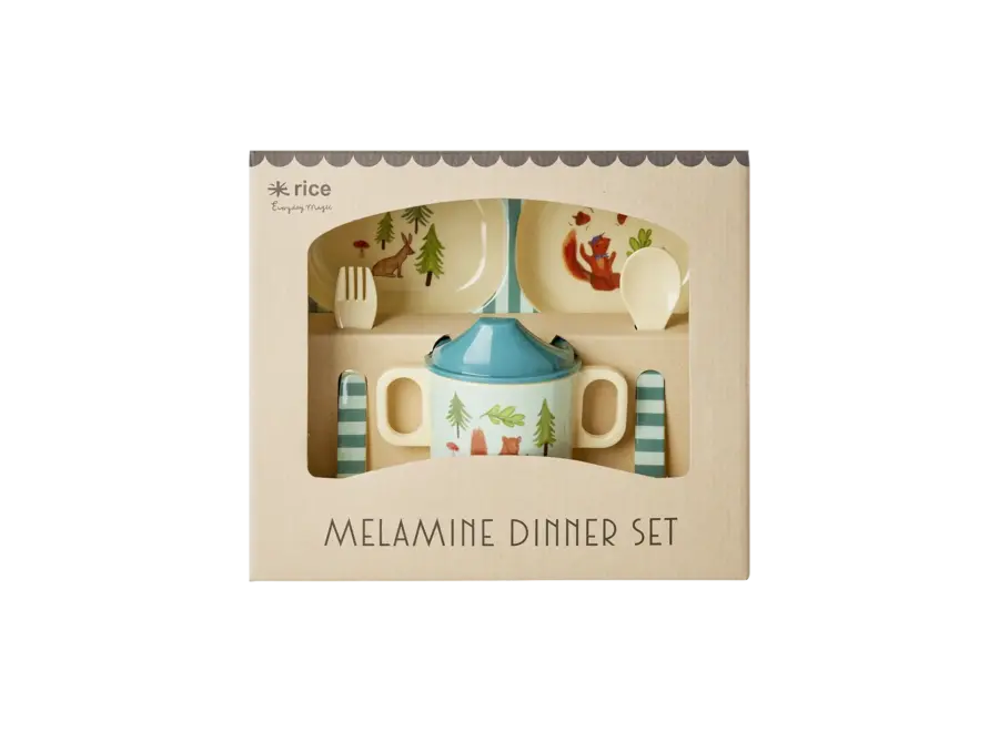 Melamine dinner set - Blue, Happy forest print