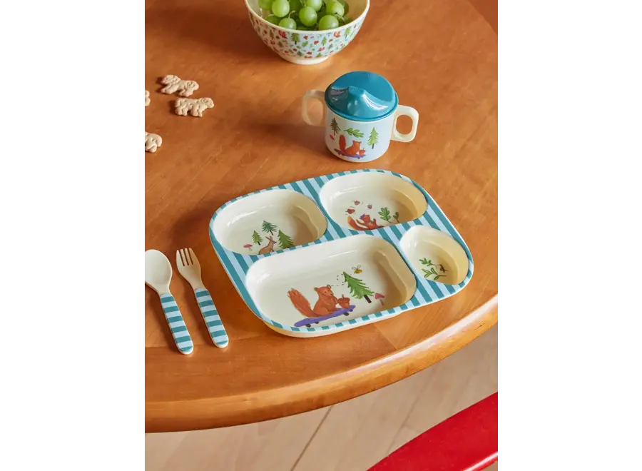Melamine dinner set - Blue, Happy forest print