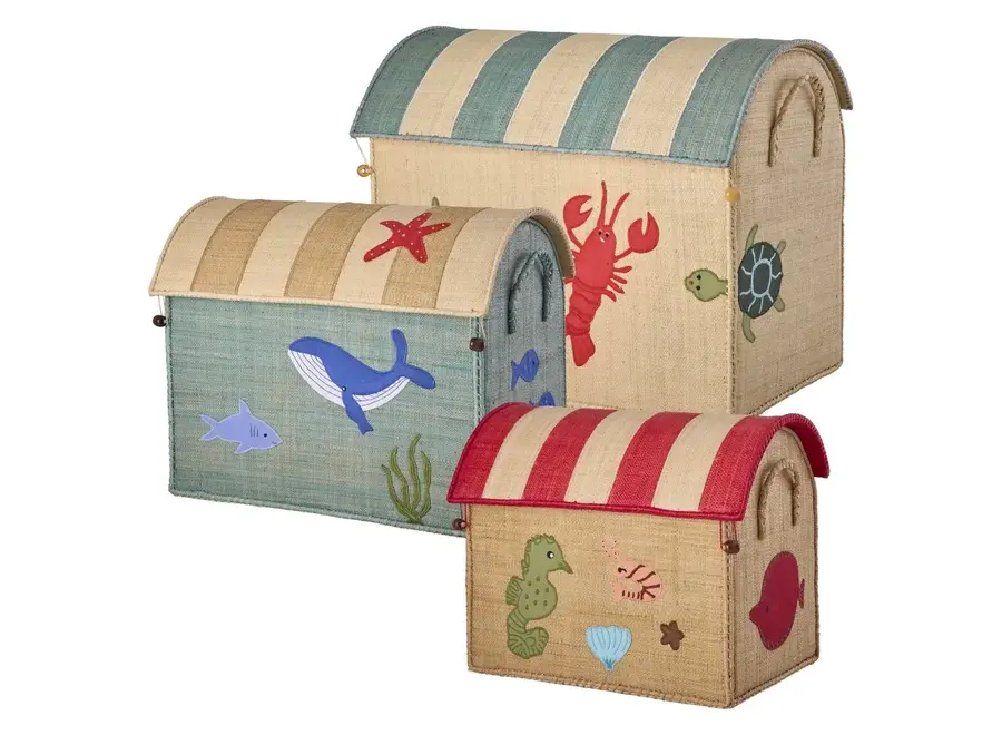 Raffia opbergmand groot - Ocean print